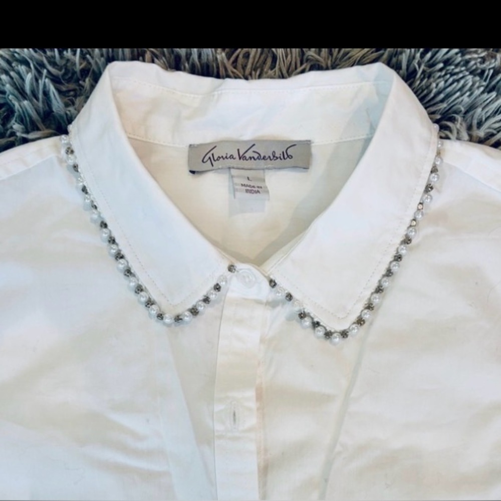 NWOT White Shirt Pearl Rhinestone Trim Collar SZ L Gloria Vanderbilt Button Down